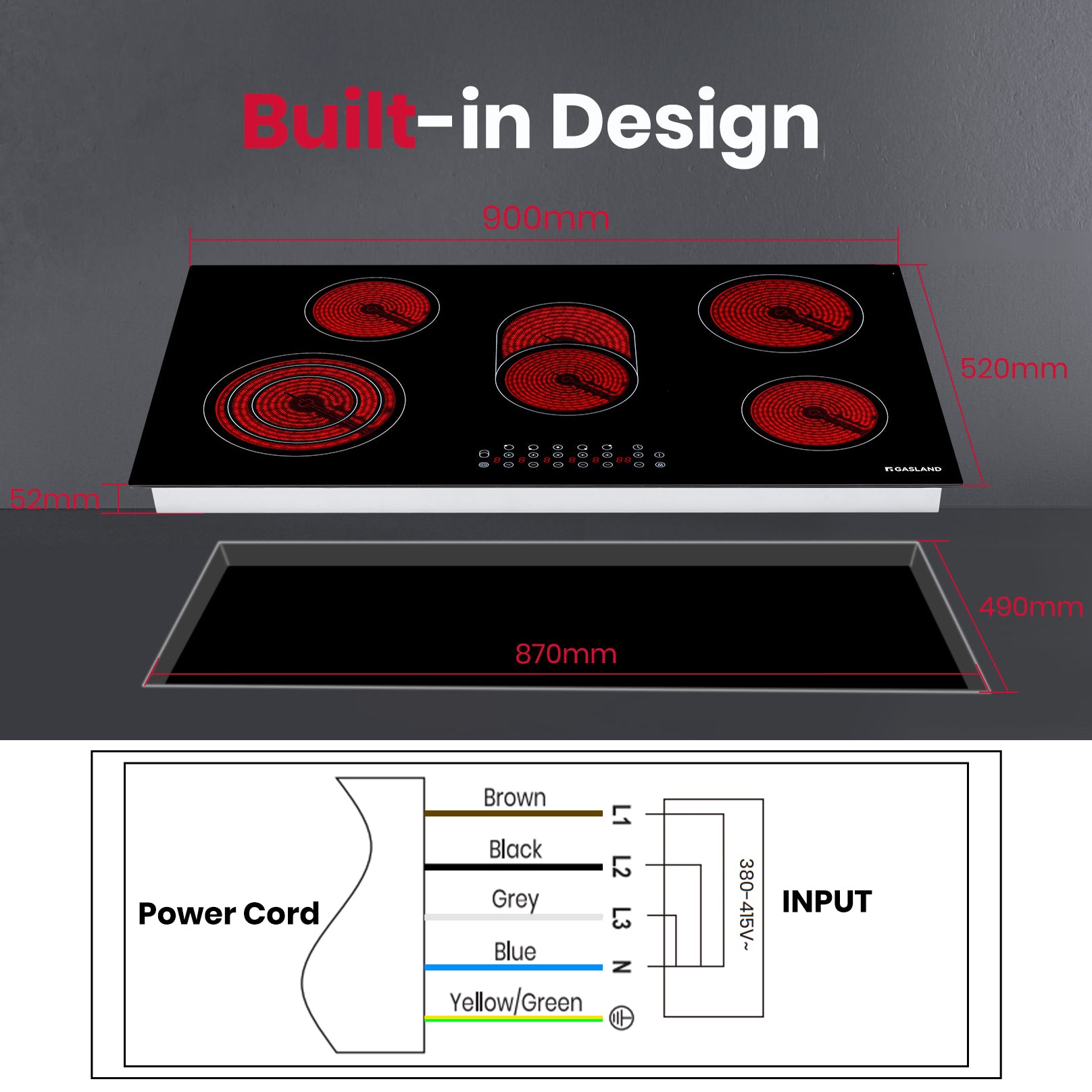 GASLAND 90cm 5 Burner Electric Ceramic Cooktop - 8500W Sensor Touch Control