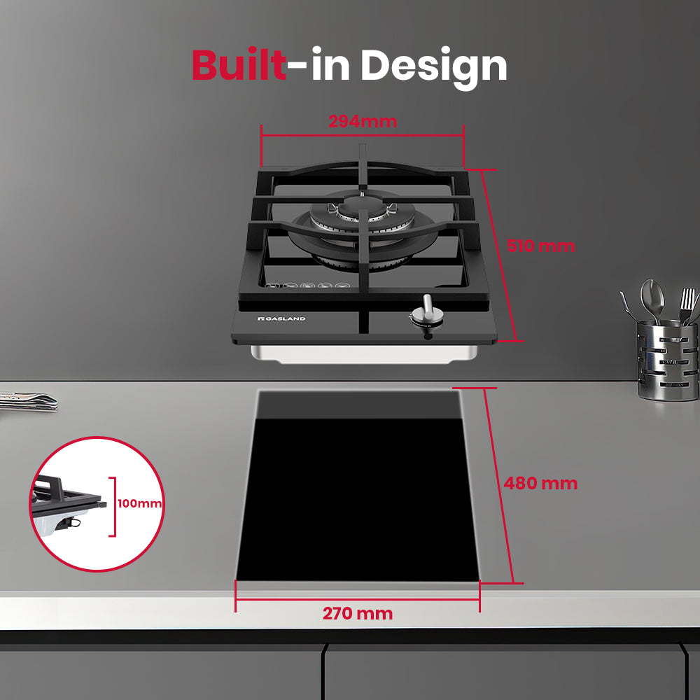 GASLAND 30cm Single Burner Black Tempered Glass Tri-ring Gas Cooktop