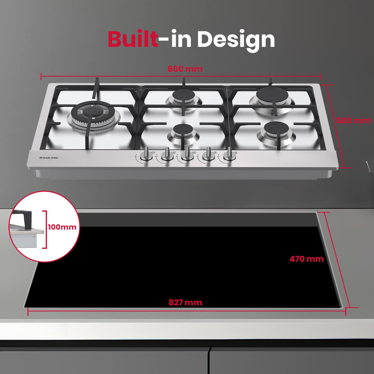 GASLAND 90cm 5 Burner Stainless Steel Side Tri-ring Gas Cooktop With Griddle