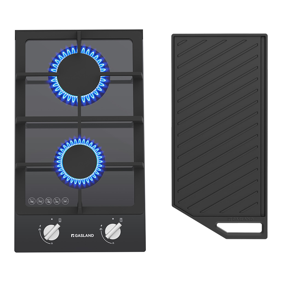 GASLAND-GASLAND 30cm 2 Burner Black Tempered Glass Gas Cooktop With Griddle