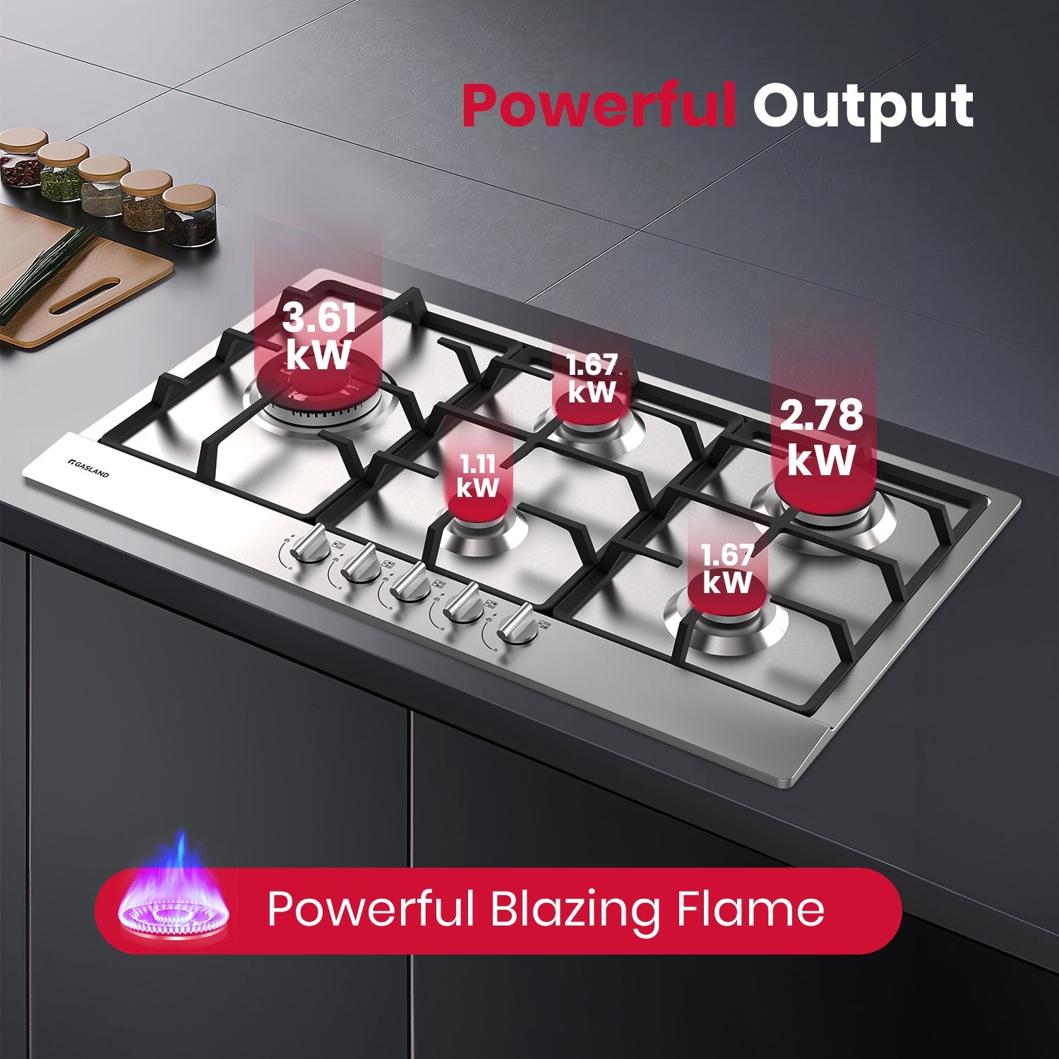 GASLAND-GASLAND 90cm 5 Burner Stainless Steel Side Tri-ring Gas Cooktop With Griddle