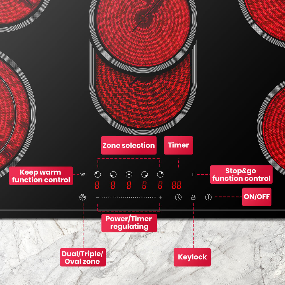 GASLAND-GASLAND 90cm 5 Burner Ceramic Electric Cooktop - Triple Ring 8500W Sensor Touch Control