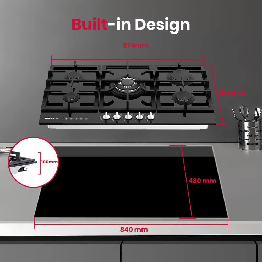 90cm 5 Burner Black Tempered Glass Tri-ring Gas Cooktop