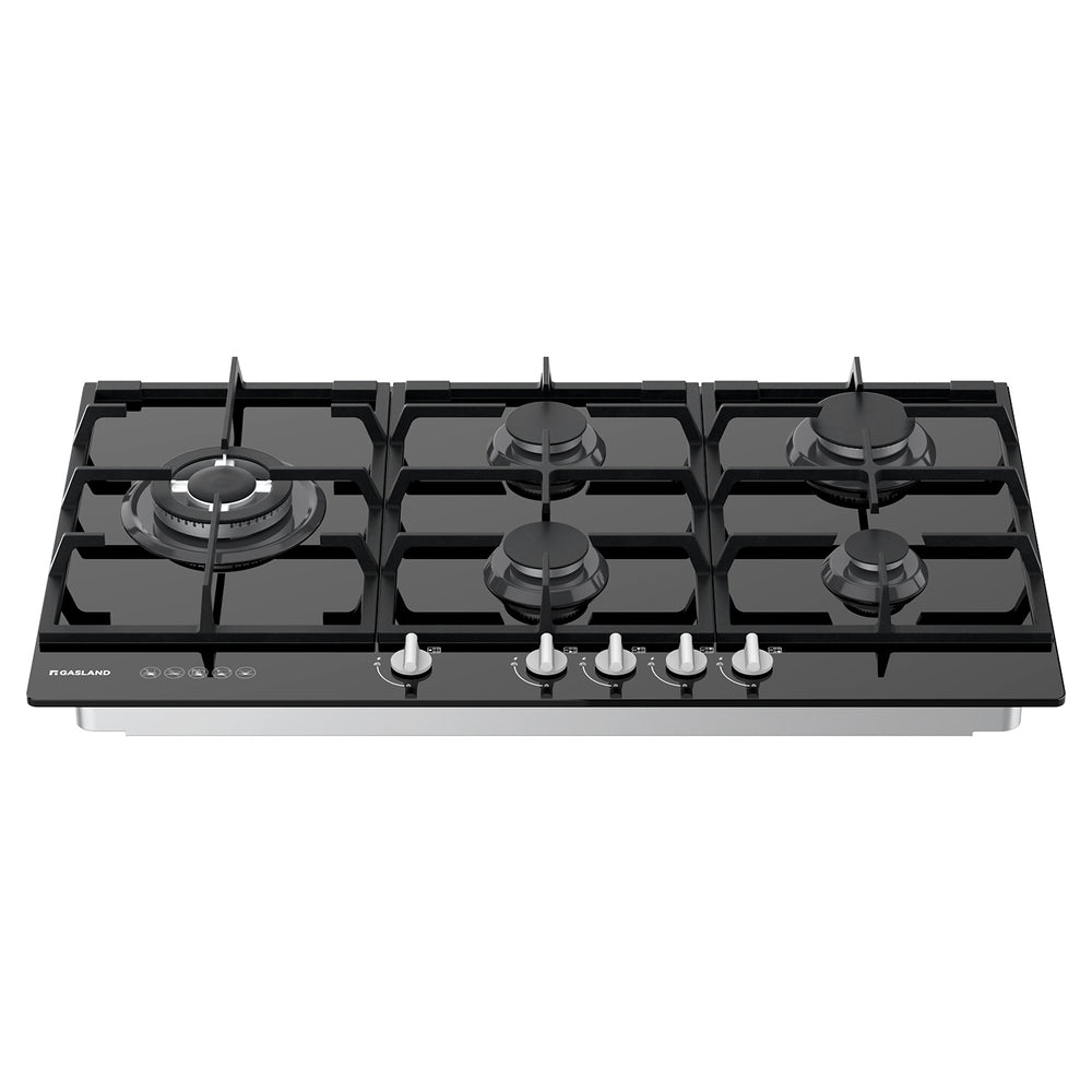 GASLAND-GASLAND 90cm 5 Burner Black Tempered Glass Side Tri-ring Burner Gas Cooktop With Griddle