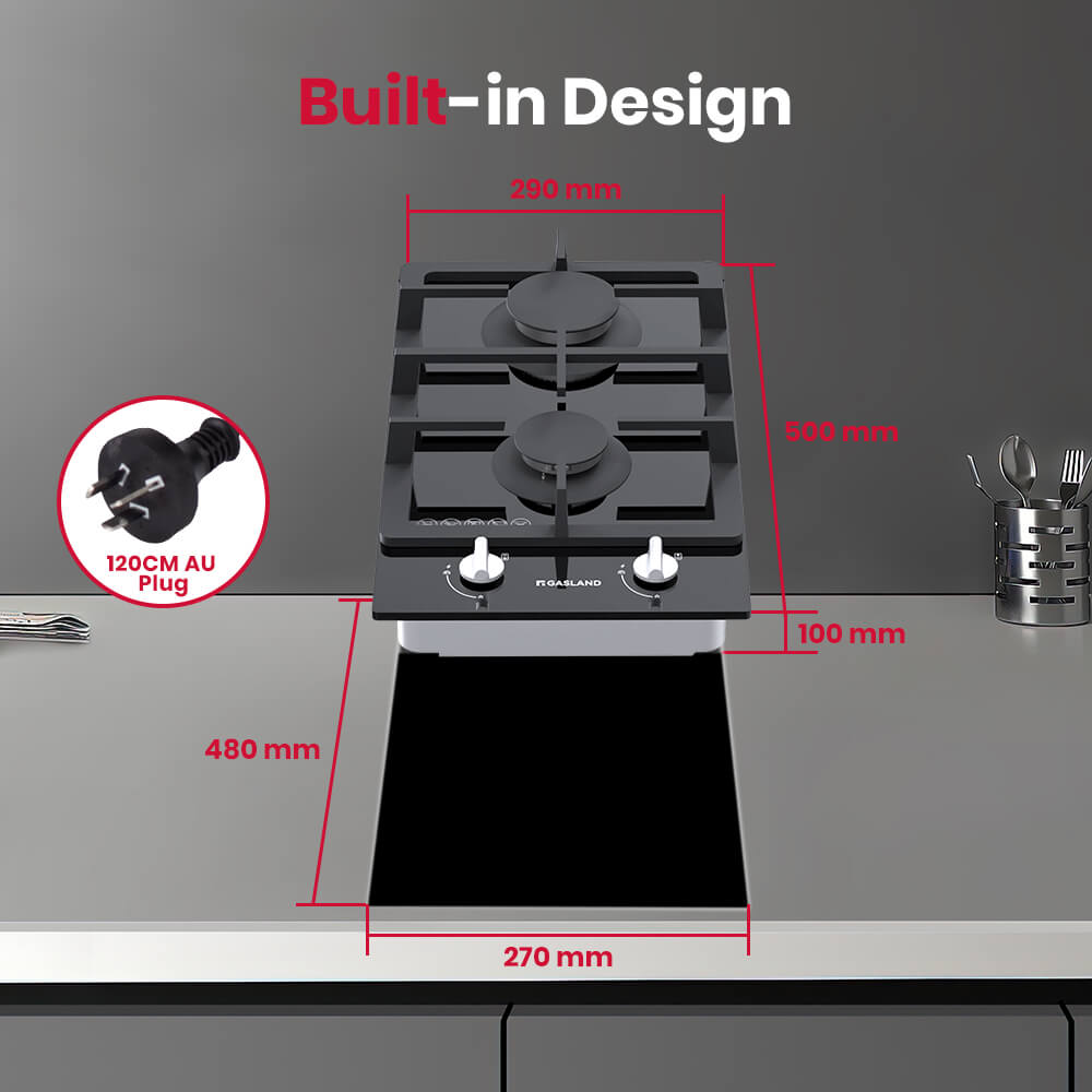 30cm 2 Burner Black Tempered Glass Gas Cooktop With Griddle