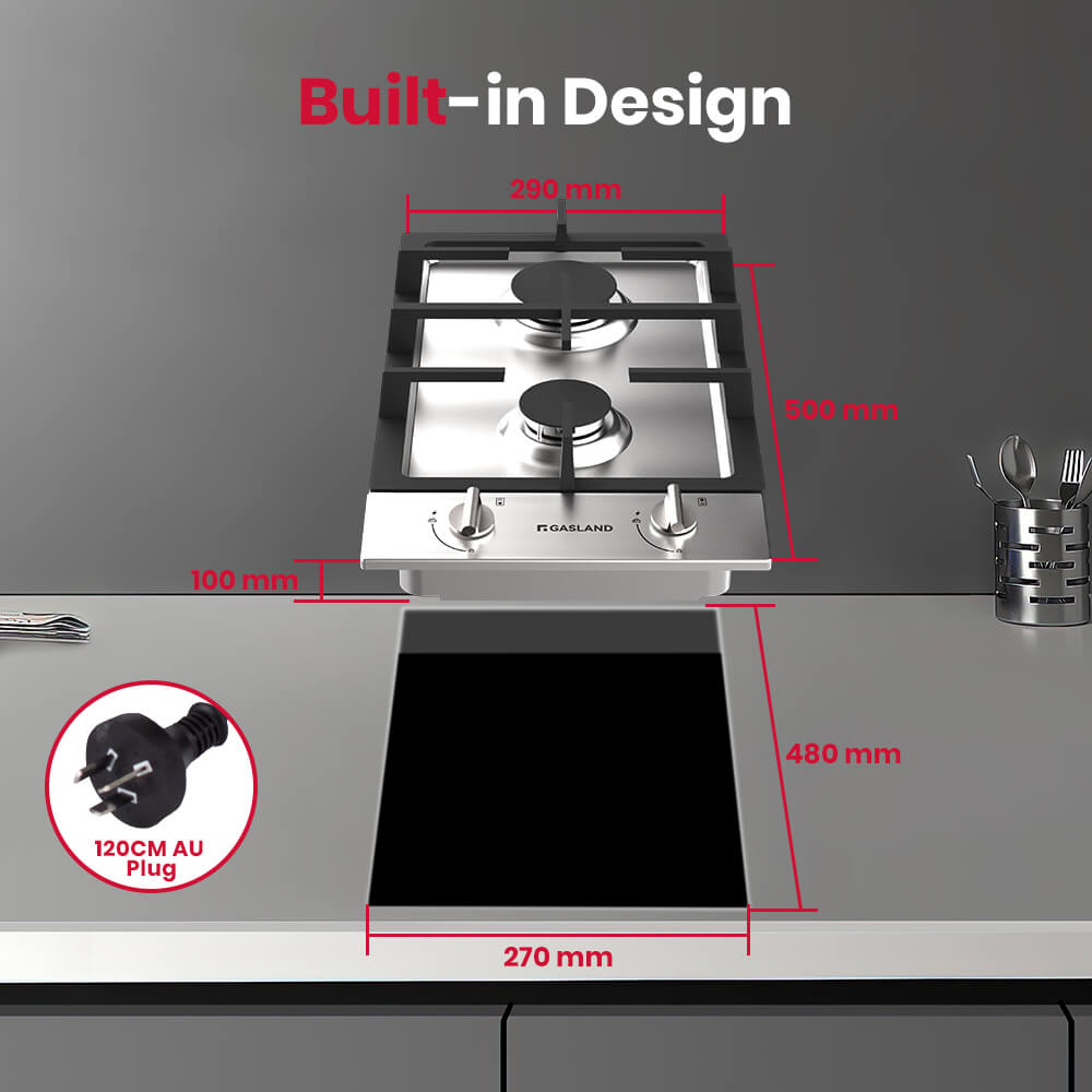 30cm 2 Burner Stainless Steel Gas Cooktop With Griddle