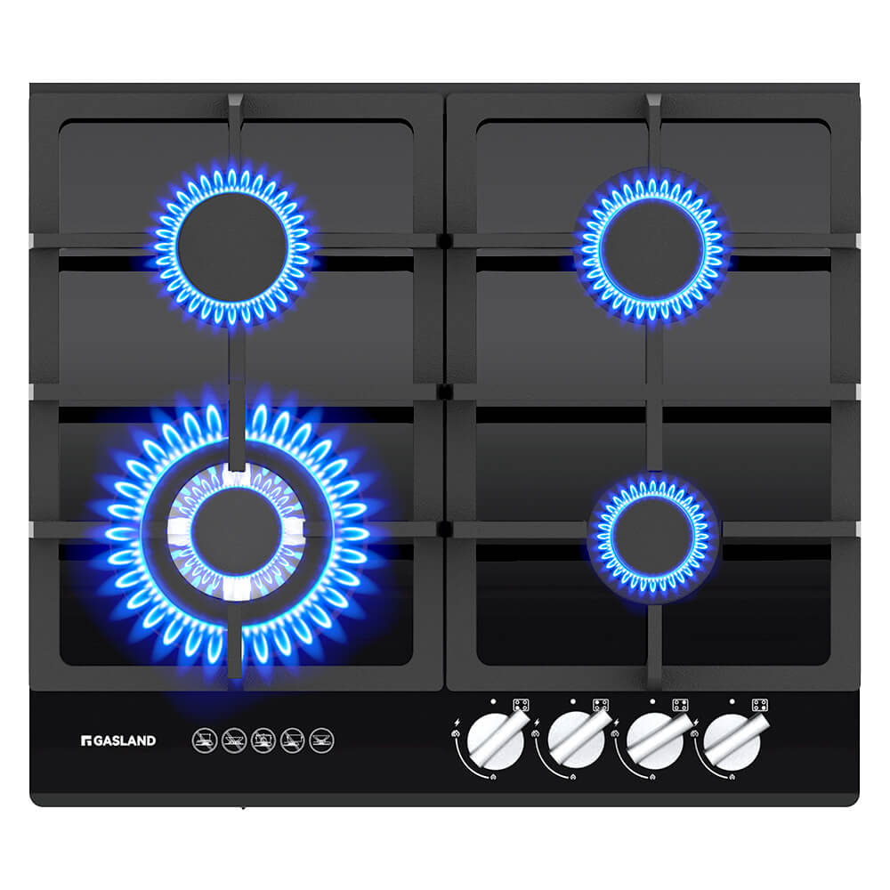 60cm 4 Burner Black Tempered Glass Tri-ring Gas Cooktop With Griddle