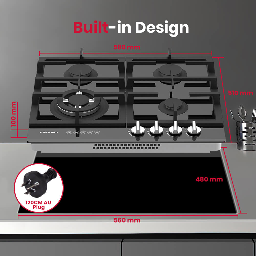 60cm 4 Burner Black Tempered Glass Tri-ring Gas Cooktop With Griddle