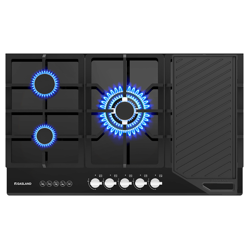 90cm 5 Burner Black Tempered Glass Tri-ring Gas Cooktop With Griddle