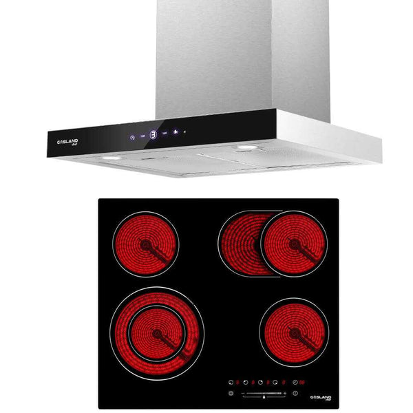 2 Piece GASLAND Kitchen Appliances Packages 60cm 4 Burners Electric Ceramic Cooktop & 600cm Stainless Steel Canopy Touch Screen and LED Range Hood