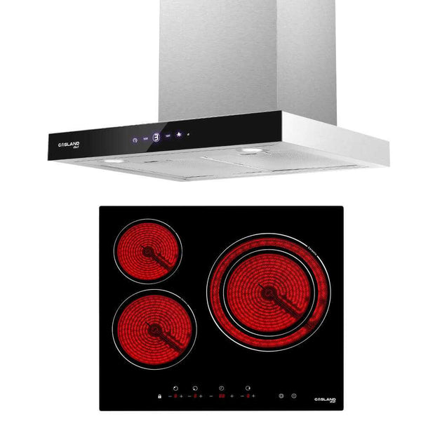 2 Piece GASLAND Kitchen Appliances Packages 60cm 3 Burners Electric Ceramic Cooktop & 600cm Stainless Steel Canopy Touch Screen and LED Range Hood