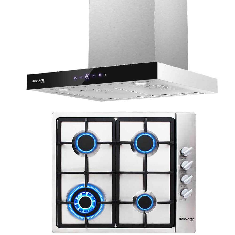 2 Piece GASLAND Kitchen Appliances Packages 60cm 4 Burners Silver Gas Cooktop & 600cm Stainless Steel Canopy Touch Screen and LED Range Hood